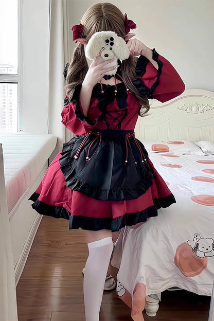 Black/Red Maid Long Sleeves Ruffle Bowknot Gothic Lolita Dress Full Set