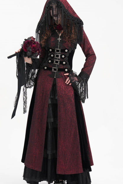 Red Buckle-up Tassels Women's Gothic Jacket with Hood