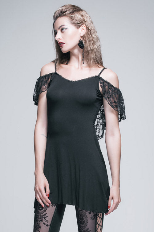 Black Sexy Rose Lace Tassel Back Over Hip Womens Long Gothic T-Shirt