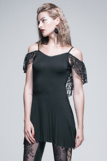 Black Sexy Rose Lace Tassel Back Over Hip Womens Long Gothic T-Shirt