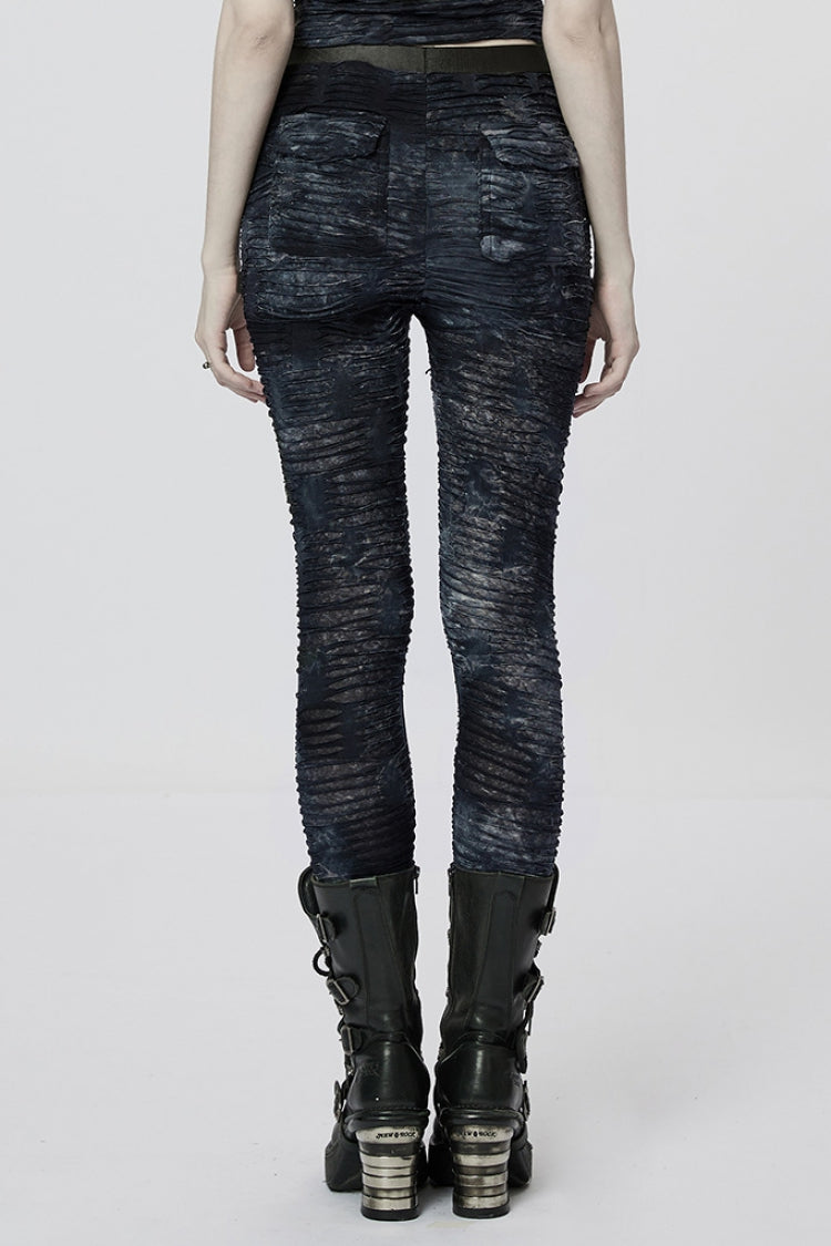 Slim Ripped Tie-dyed Metal Loop Women's Steampunk Leggings 2 Colors