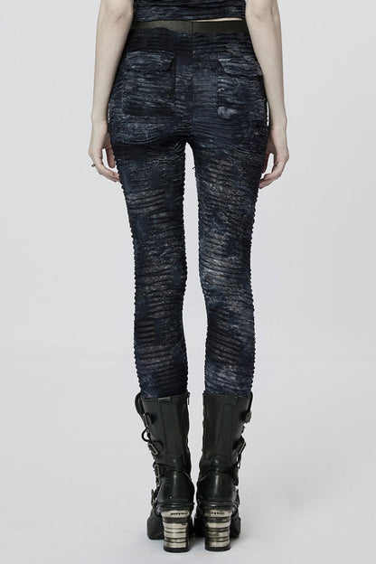 Slim Ripped Tie-dyed Metal Loop Women's Steampunk Leggings 2 Colors