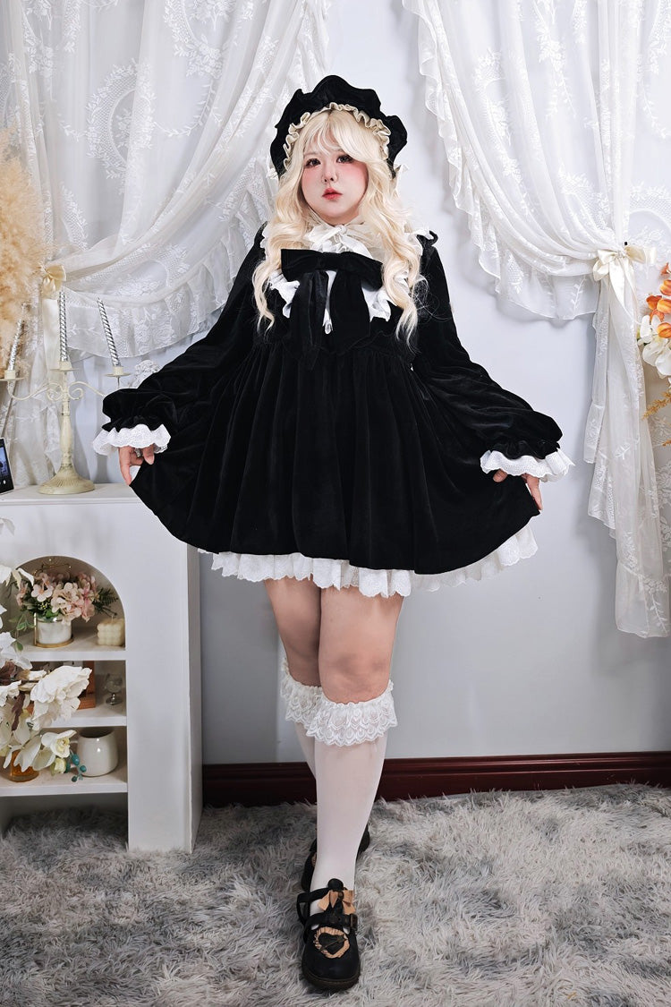 Black [Antique Velvet Doll] Stand Collar Long Sleeves Ruffled Bow Gothic Plus Size Lolita Dress