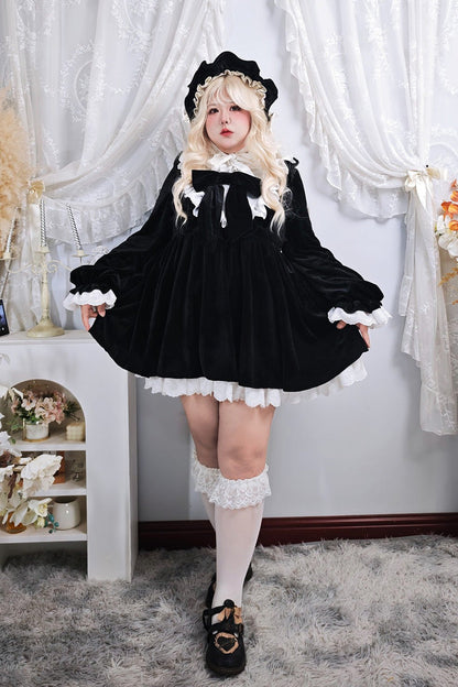 Black [Antique Velvet Doll] Stand Collar Long Sleeves Ruffled Bow Gothic Plus Size Lolita Dress