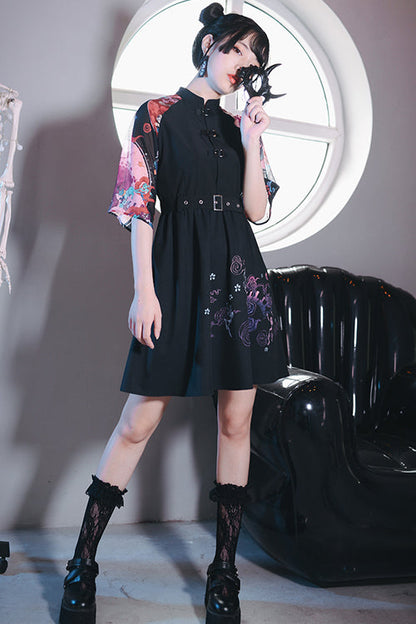 Black Stand Collar Hundred Ghosts Night Walk Colorful Print Short Sleeves High Waisted Sweet Lolita Dress