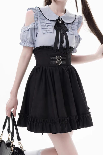 Black/Blue Off Shoulder Short Sleeves Ruffle Bowknot Sweet Jirai Kei Japanese Set