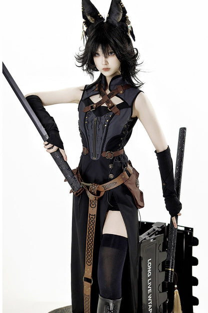 Black/Grey [Phantom of the Night] Sleeveless Lace-Up Fashion Gothic Punk Lolita Dress