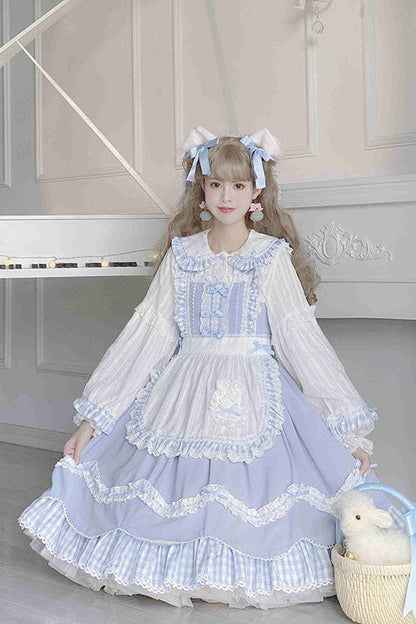 Blue Lapel Collar Bowknot Multi-Layer Ruffled Sweet Lolita JSK Dress