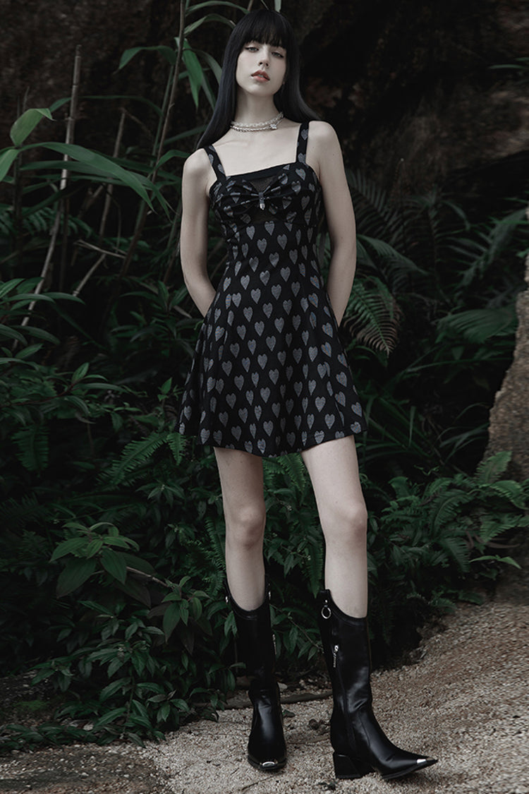 Black/Grey Heart Print Pattern Suspender Hollow Mesh Metal PU Buckle Bow Design Sleeveless Women's Punk Dress