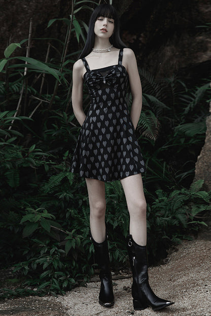 Black/Grey Heart Print Pattern Suspender Hollow Mesh Metal PU Buckle Bow Design Sleeveless Women's Punk Dress