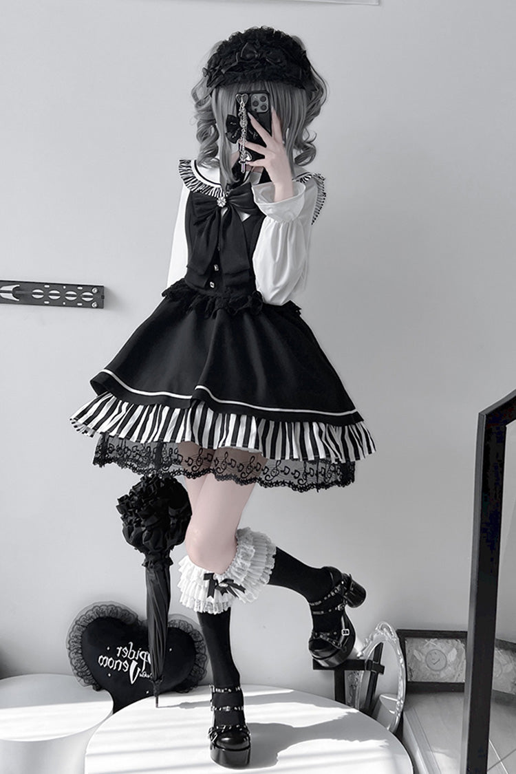 Black [Twilight Song] Stripe Print Bowknot Lace Jirai Kei Jumper Dress
