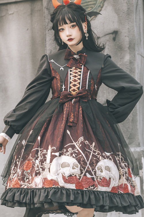 Black/Red Lapel Collar Long Sleeves High Waisted Printed Gothic Lolita OP Dress