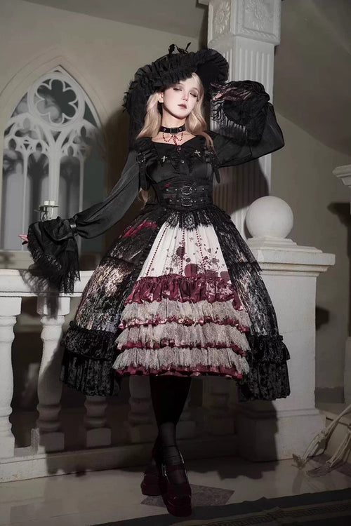 [Heretical Nun] Sleeveless Multi-Layered Printed Ruffled Open-Front Gothic Plus Size Lolita Strap Dress Short Version 2 Colors