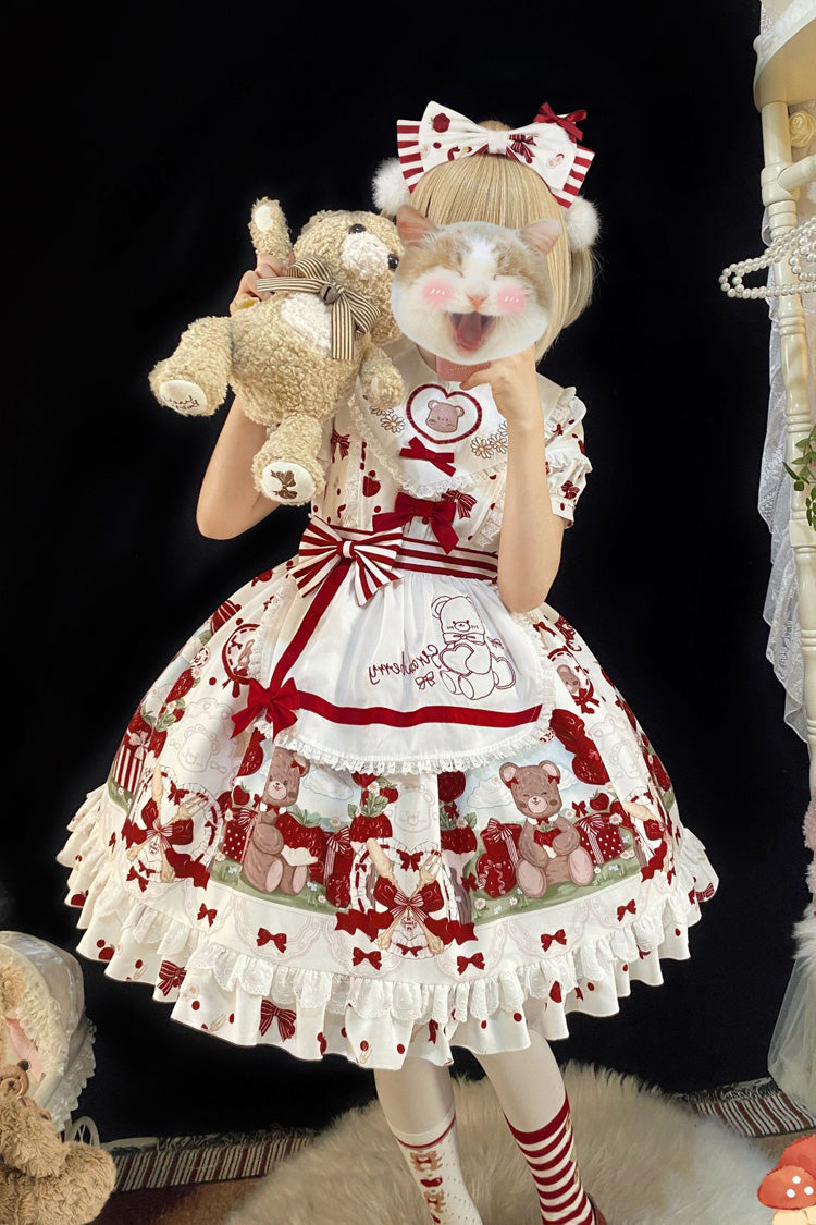 Red/White Short Sleeves Strawberry Bear Print Ruffle Bowknot Sweet Plus Size Lolita Dress