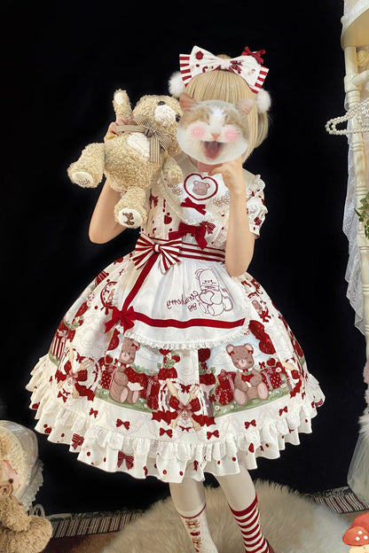 Red/White Short Sleeves Strawberry Bear Print Ruffle Bowknot Sweet Plus Size Lolita Dress
