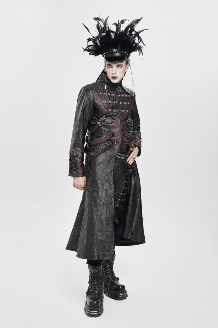 Black/Red Stand Collar Zipper Straps Eyelet Men's Punk Coat