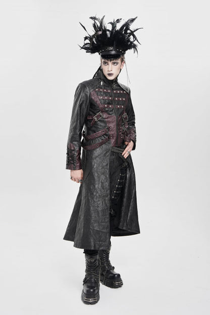 Black/Red Stand Collar Zipper Straps Eyelet Men's Punk Coat
