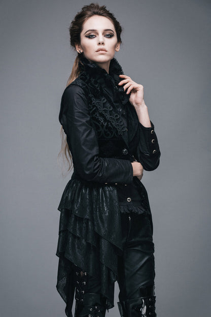 Black Spun Velvet Chinese Frog Button Floral Spiral Pattern Asymmetrical Hem Lace Up Women's Gothic Waistcoat