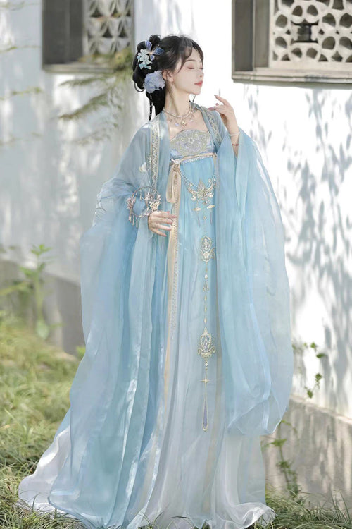 Blue Long Sleeves Embroidery Pearl Chain Sweet Tang-style Hanfu Hezi Dress Set