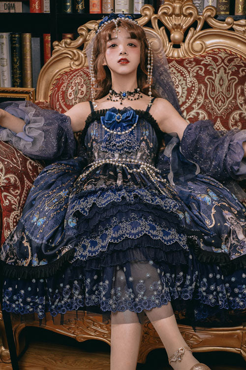 Blue Skull Print Hanayome Bowknot Pearl Chain Multi-Layer Ruffled Gothic Lolita JSK Tiered Dress