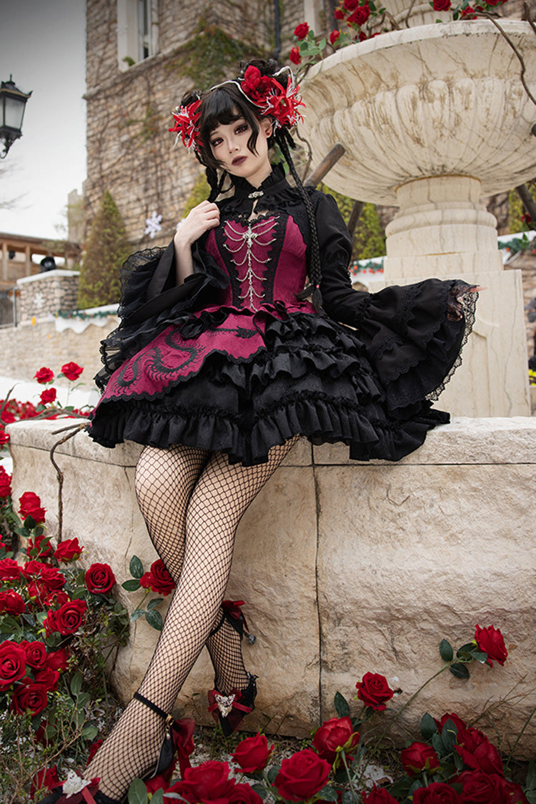 Black/Red Multi-Layered Ruffle Bowknot Lace Asymmetric Gothic Lolita Jsk Dress