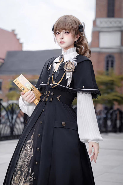 Black [Dragon’s Aria] Long Sleeves Printed Embroidered College Style Gothic Vintage Lolita Dress Three-Piece Set