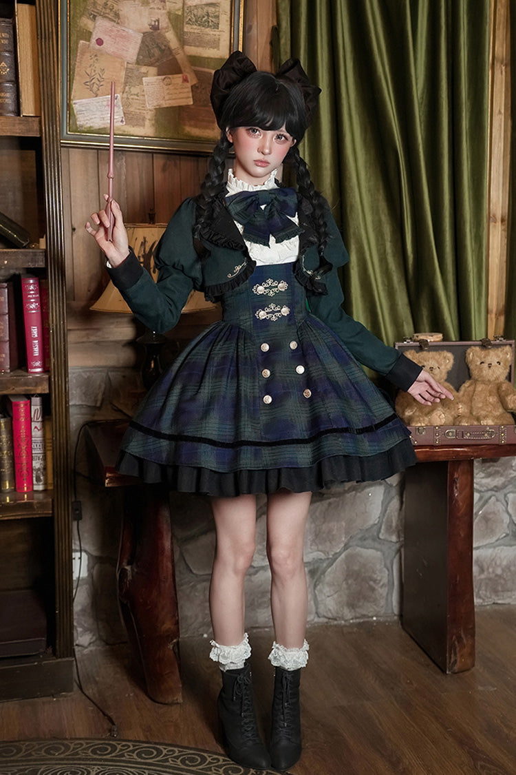 Blue/Green [Berlin's letter] Double-Layered Plaid Print Ruffle Bowknot Classic College Style Lolita Strap Dress Set 2 Versions