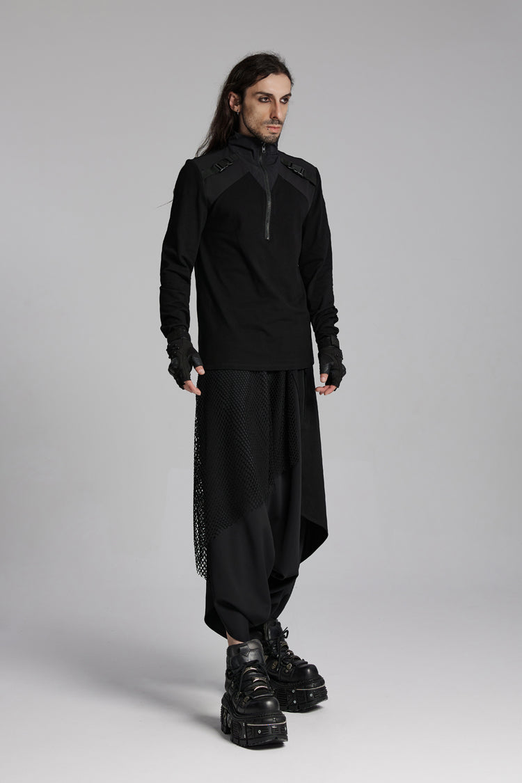 Black Stand Collar Long Sleeves Techwear Bucket-up Zip Men's Punk T-Shirt