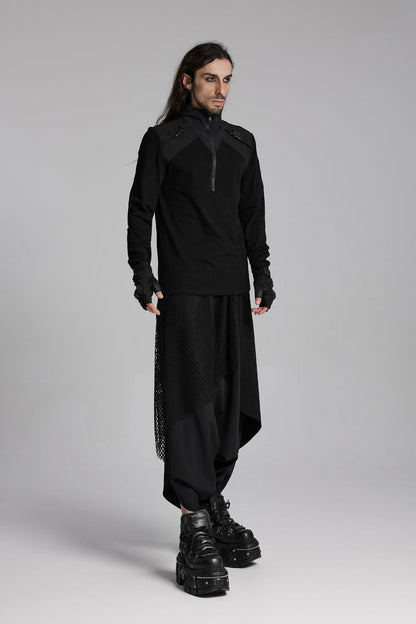 Black Stand Collar Long Sleeves Techwear Bucket-up Zip Men's Punk T-Shirt
