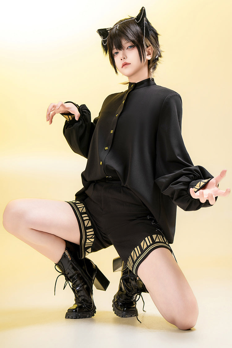 Black [Black Cat] Long Sleeves Print Embroidery Ouji Gothic Prince Handsome Lolita Blouse