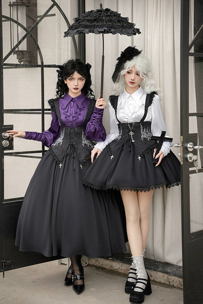 Black [Night of Thorns] Sleeveless Embroidery Lace-Up Gothic Lolita Strap Breast Support Dress 2 Versions