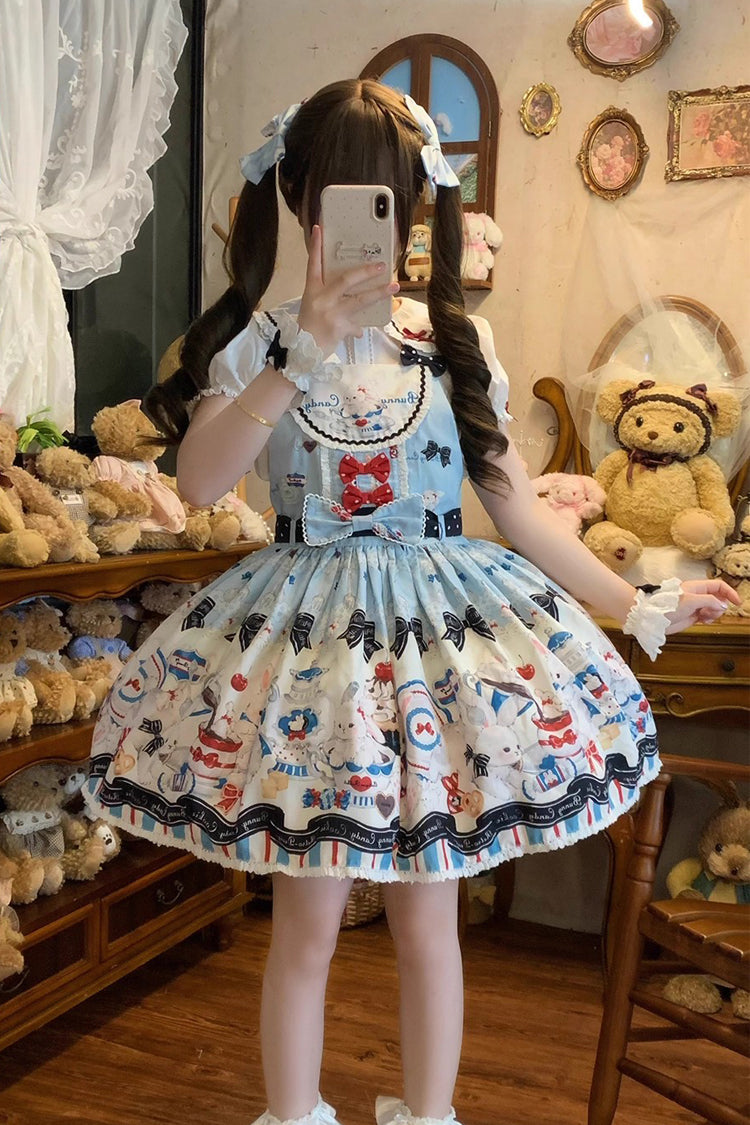 Blue [Mystery Rabbit Tea Party] Sleeveless Print Bowknot Lace Sweet Lolita Strap Dress
