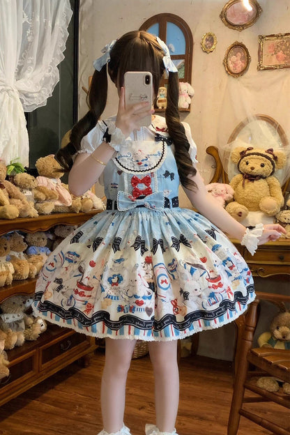 Blue [Mystery Rabbit Tea Party] Sleeveless Print Bowknot Lace Sweet Lolita Strap Dress