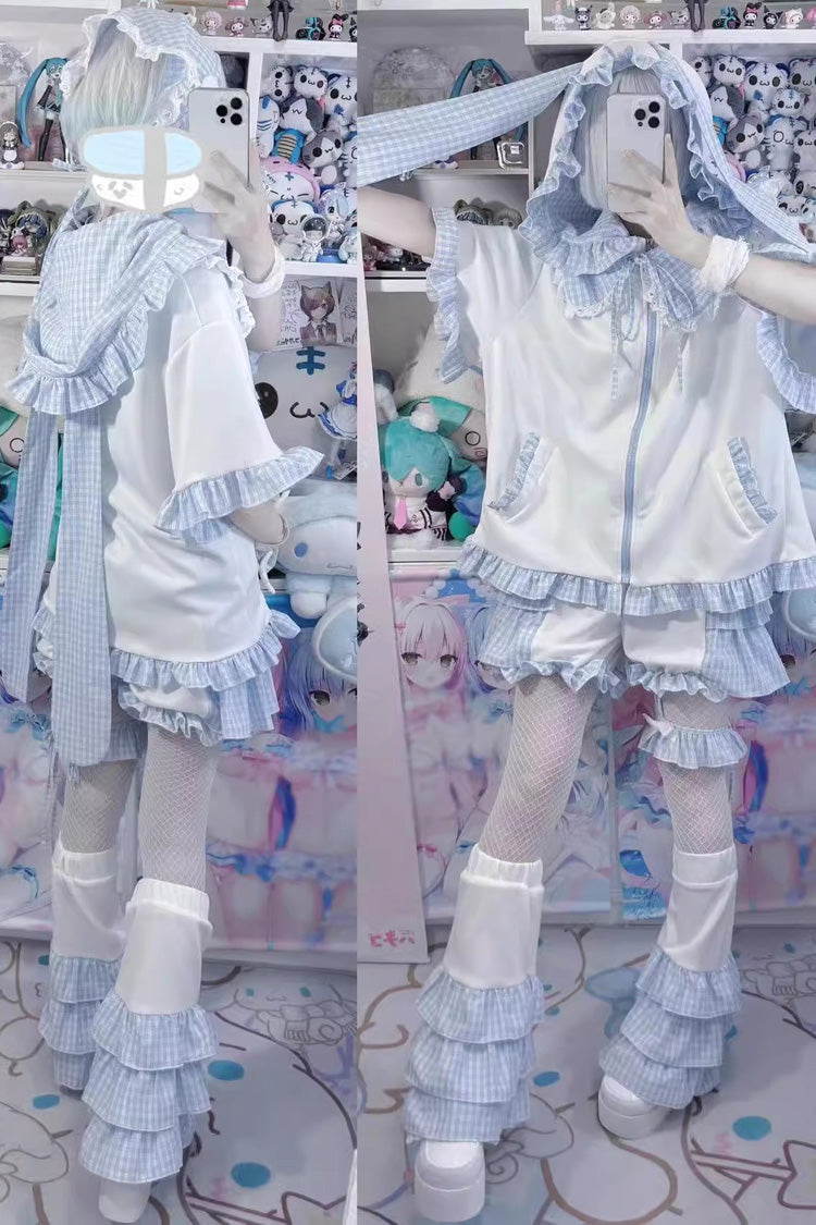 White/Blue Heart Signal Half Sleeves Plaid Print Hooded Sweet Jirai Kei Japanese Coat