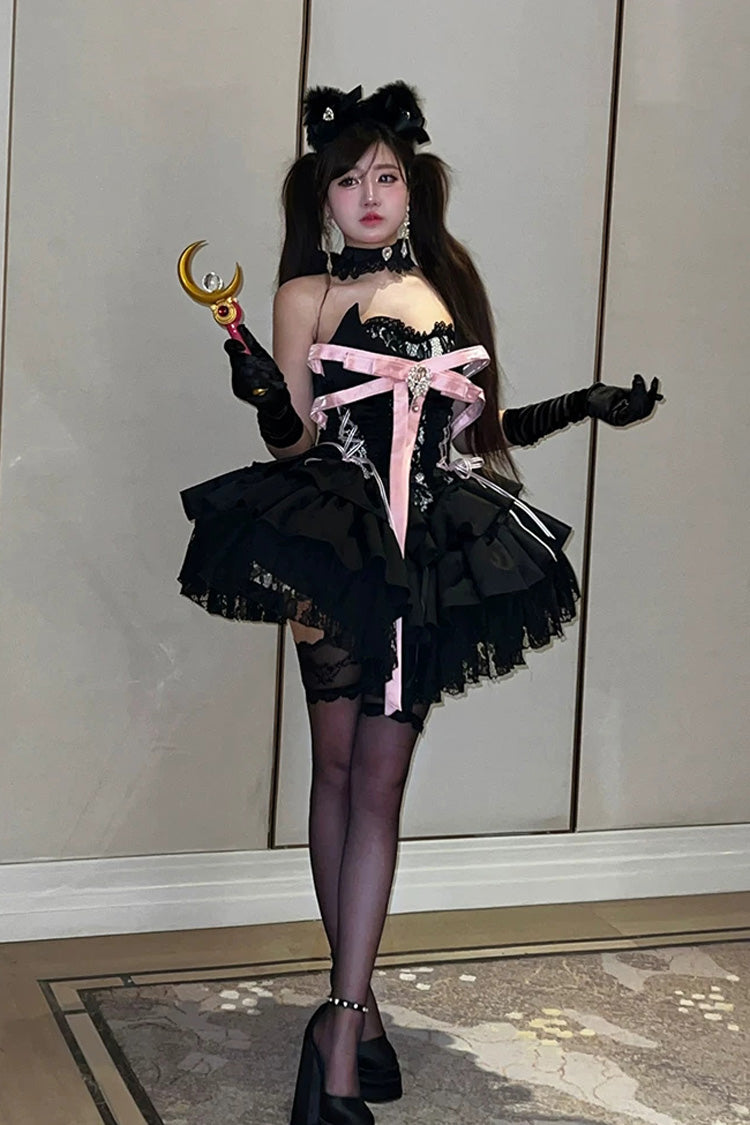 Black [Kitten Sweetheart] Multi-Layered Ruffled Bow Lace-Up Princess Ballet Gothic Lolita Jsk Dress