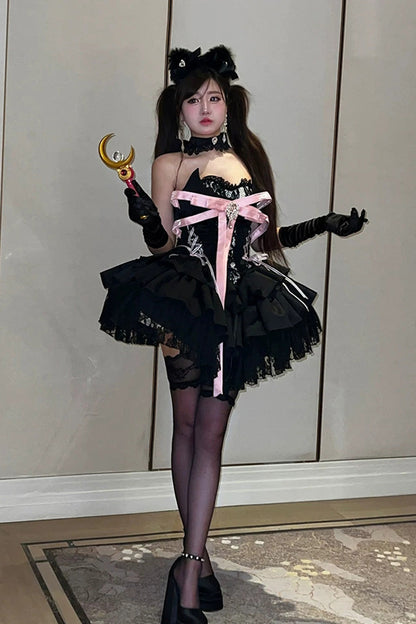 Black [Kitten Sweetheart] Multi-Layered Ruffled Bow Lace-Up Princess Ballet Gothic Lolita Jsk Dress