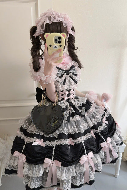 Black/Pink [Silk Satin Gift Box] Square Collar Sleeveless Multi-Layered Ruffled Bow Lace Sweet Lolita Jsk Dress