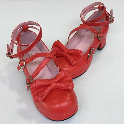 Red Bowknot Circular Buckle Low Heel Lolita Shoes