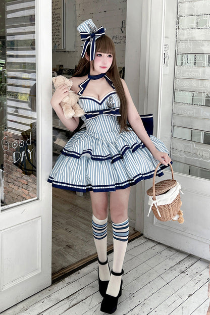 Blue [Sailing Sweetheart] Double-Layered Vertical Stripes Print Ruffle Bowknot Sweet Lolita Dress