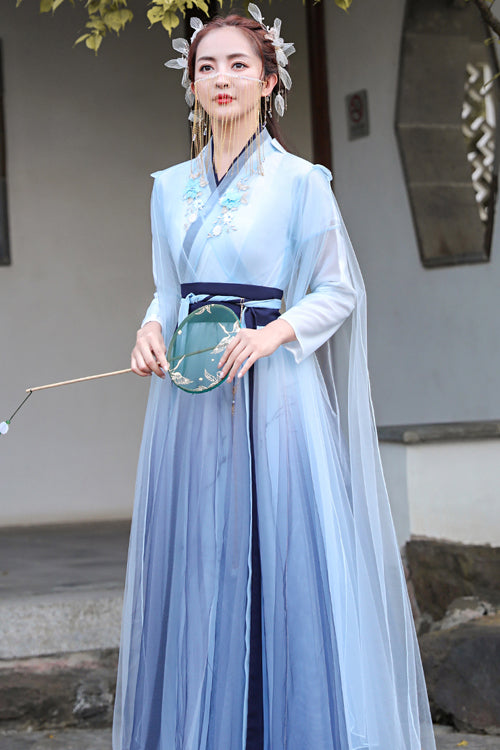 Blue Glazed Chest Embroidered Sweet Hanfu Dress