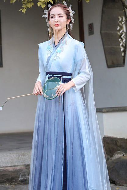 Blue Glazed Chest Embroidered Sweet Hanfu Dress