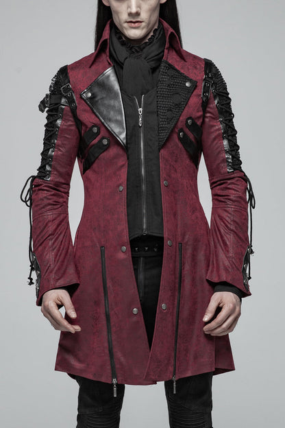 Red Metal Buckle Decoration Zipper Mens Steampunk Windbreaker Coat