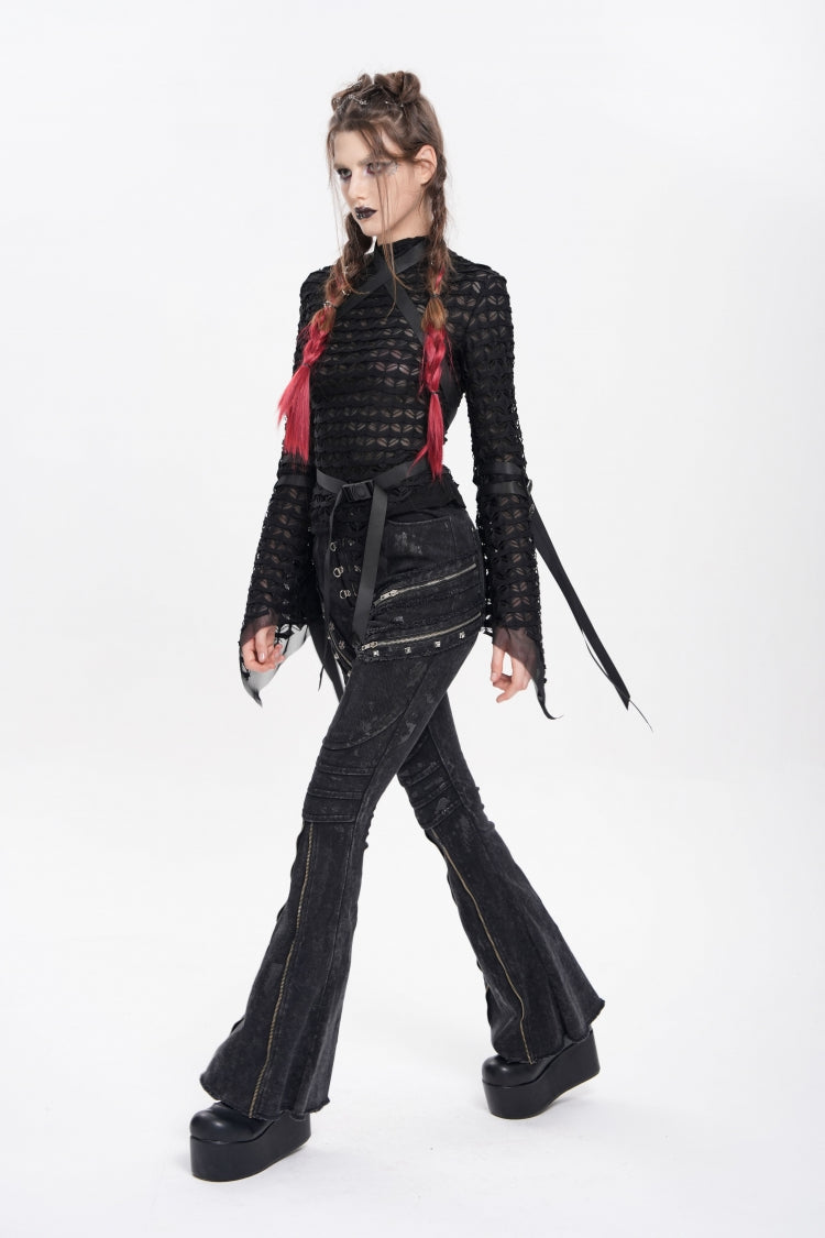 Black Stand Collar Long Sleeves Mesh Buckle Straps Women's Punk Blouse