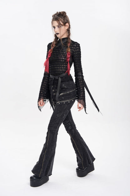 Black Stand Collar Long Sleeves Mesh Buckle Straps Women's Punk Blouse
