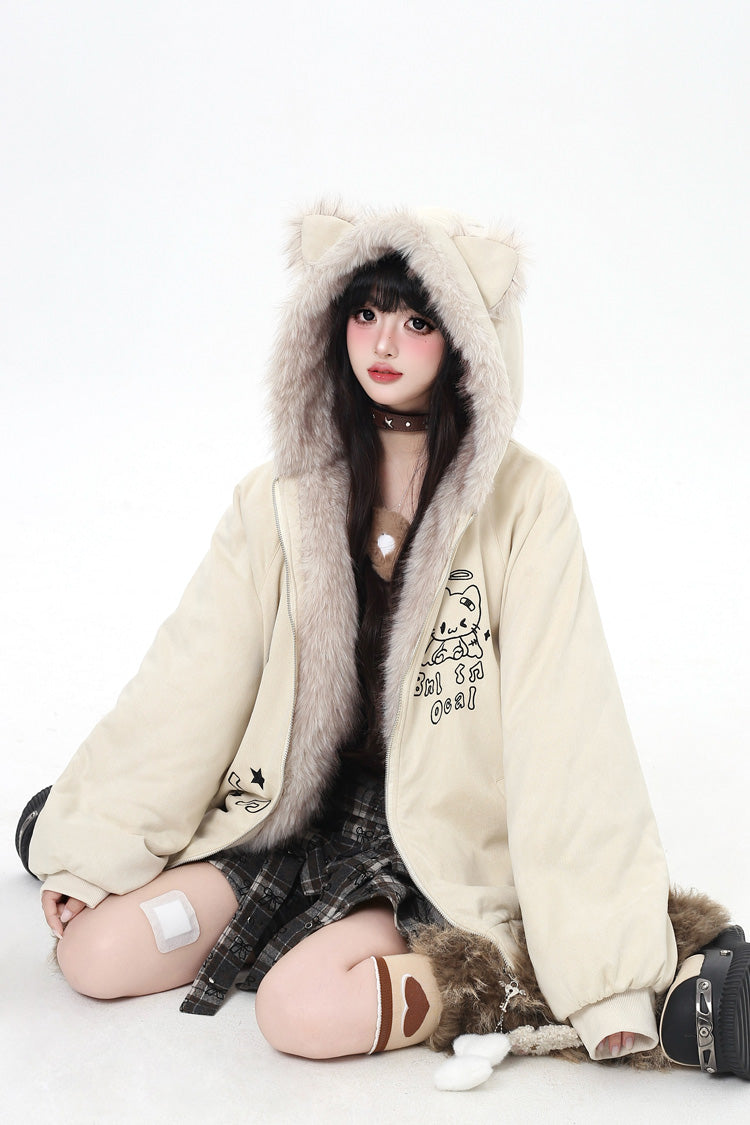[First Generation Cute] Long Sleeves Print Cat Ear Hooded Zipper Sweet Lolita Coat 2 Colors