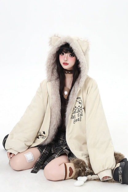 [First Generation Cute] Long Sleeves Print Cat Ear Hooded Zipper Sweet Lolita Coat 2 Colors