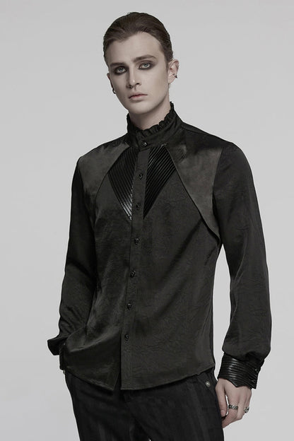 Black Stand Collar Long Sleeves Ruffle Pleated Men's Gothic Blouse