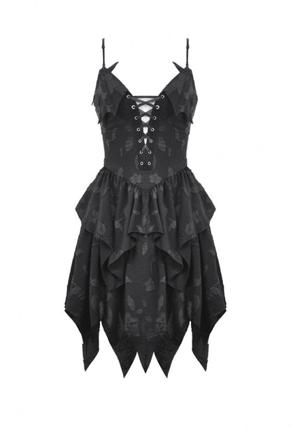 Black V Collar Sleeveless Halloween Printed Irregular Women's Gothic Slip Dress