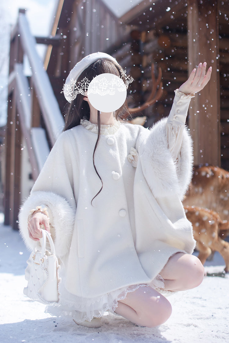 White Long Sleeves Lace Sweet Japanese Lolita Fluffy Cloak Coat