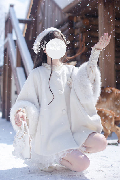 White Long Sleeves Lace Sweet Japanese Lolita Fluffy Cloak Coat